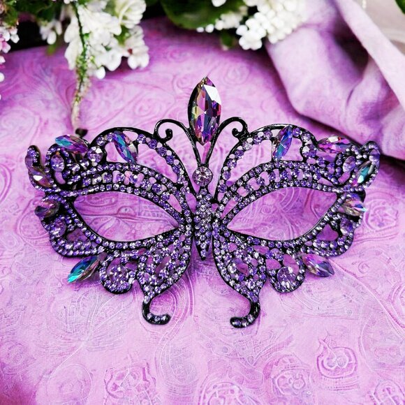 Purple Masquerade Ball Mask, Black Party Mask, Lavender Crystal Mask, Prom Mask - Picture 1 of 9